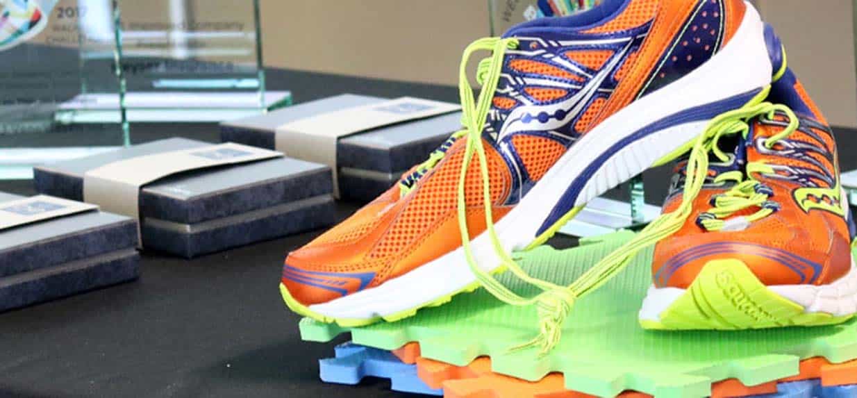 running shoes and plaques