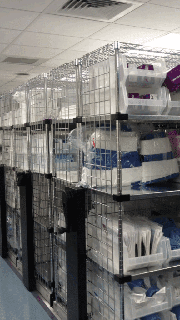 mobile storage racks holding medical supplies