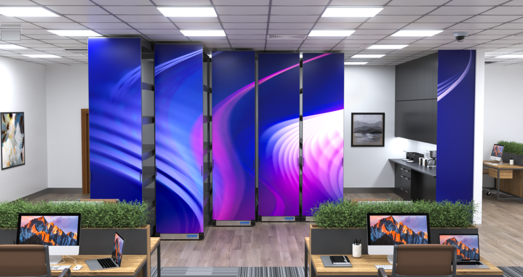 office setting showing purple pipp mobile carriage racks 