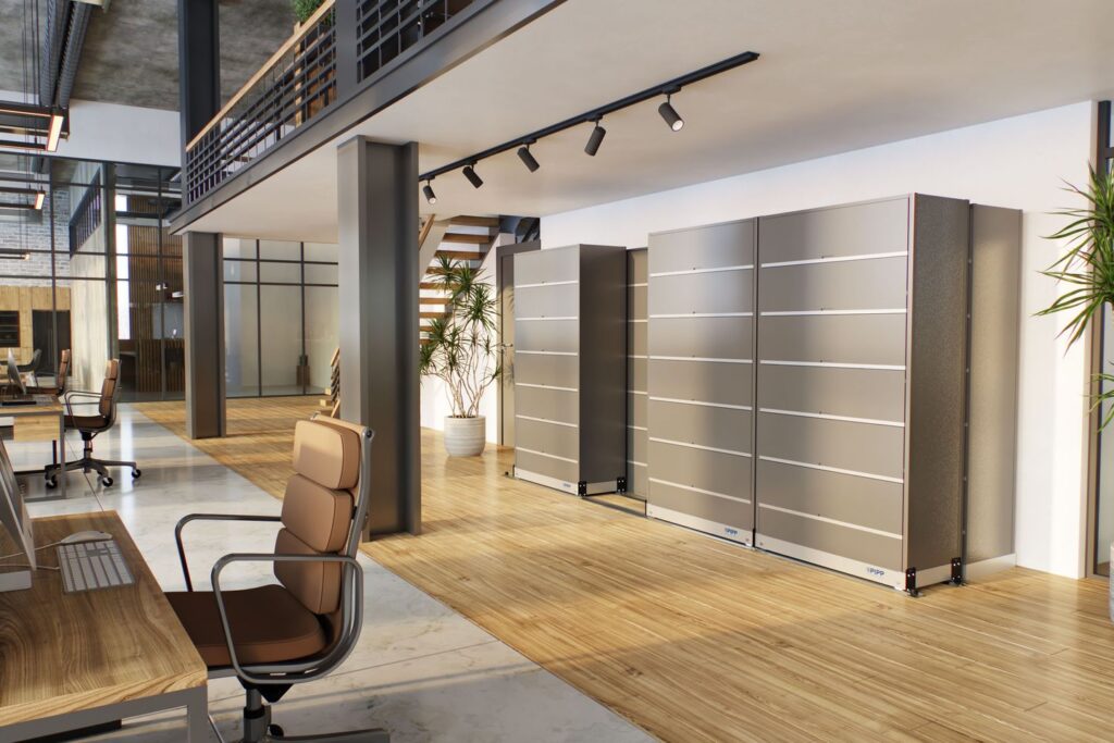 neutral tone office rendering showing pipp mobile storage racks for document filing