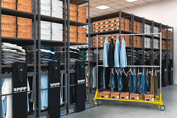 nesting cart in backroom next to mobile vertical racks